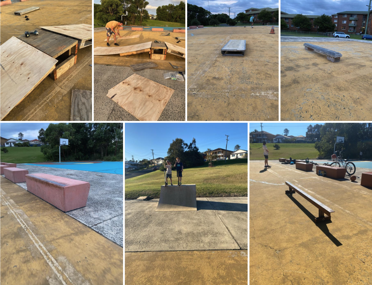 Montage of photos of the old DIY Port Kembla skate park